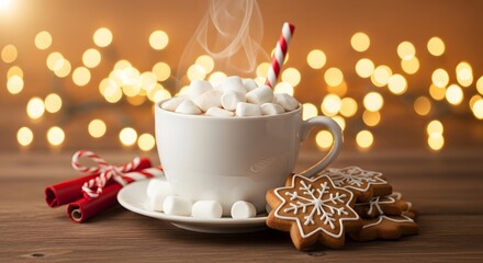 A steaming mug of hot chocolate topped with marshmallows and a candy cane, surrounded by gingerbread cookies and cinnamon sticks, with bokeh lights in the background.