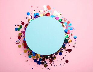 Overhead shot of a light blue circular disc on a pastel pink background, encircled by a chaotic, vibrant explosion of metallic confetti in red, gold, blue, and green.