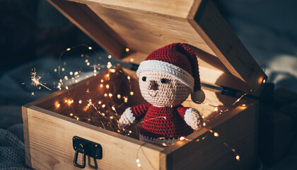 Handmade Santa Claus doll in a wooden box with fairy lights and sparkler creates a festive, warm, and cozy Christmas atmosphere for holiday promotions
