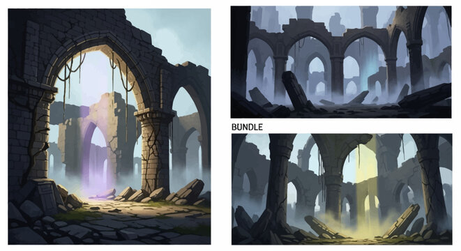 Fantasy art depicting ancient ruined structures with large arches and pillars, featuring mystical light sources.