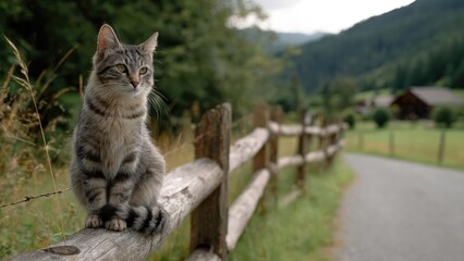 A gray tabby cat perched on a wooden fence beside a country road, with green fields and hills in the background. Concept Gray tabby cat, Cat on wooden fence, Country road scene, Green fields