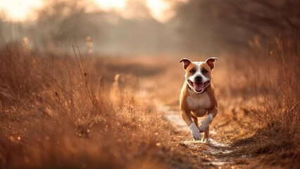 A happy dog runs toward the camera along a sunlit dirt path through tall golden grass. Concept Happy Dog, Sunlit Path, Tall Golden Grass, Pet Portraits, Action Shots