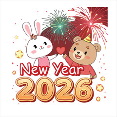 Obraz premium Cute Bunny & Bear New Year Celebration 2026