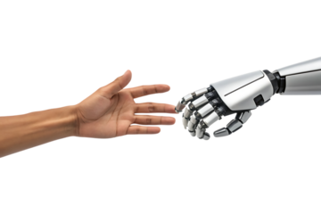 Human hand, reaching towards a robotic hand with metallic fingers, cutout, PNG isolated on transparent background