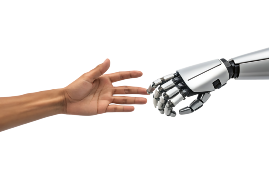 Human hand, reaching towards a robotic hand with metallic fingers, cutout, PNG isolated on transparent background