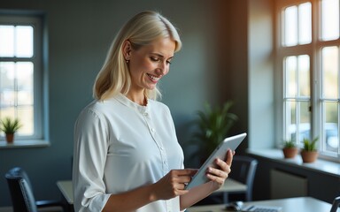 Busy middle aged professional business woman using tab computer in office. Mature lady manager, older female corporate executive holding tablet standing at work, authentic shot. View through glass