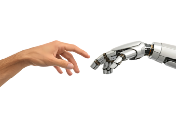 Human hand, reaching towards a metallic robotic arm with articulated fingers, cutout, PNG isolated on transparent background