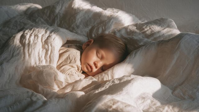 A baby sleeping peacefully under soft white blankets. Concept Newborn, Soft Lighting, Cozy Blankets, Peaceful Sleep, White Theme - Powered by Adobe