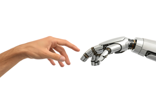 Human hand, reaching towards a metallic robotic arm with articulated fingers, cutout, PNG isolated on transparent background