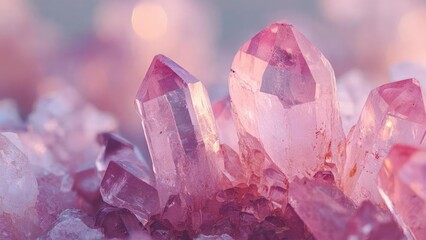 Pink quartz crystal cluster with sharp, faceted points bathed in soft pink light. Concept Pink Quartz, Crystal Cluster, Faceted Crystals, Soft Pink Lighting, Gemstone Photography