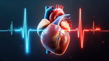 Anatomical heart graphic with pulsating blue and red waveforms on a dark background