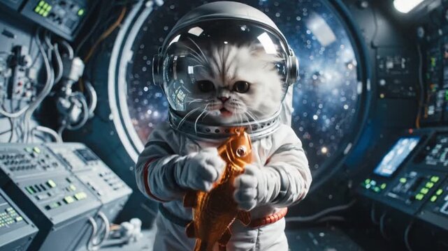 Cute fluffy kitten in astronaut suit with toy astronaut in spaceship cockpit, exploring galaxy