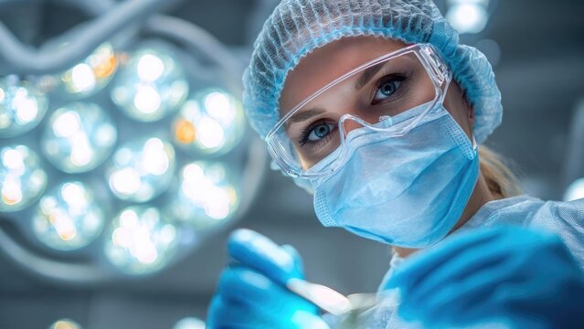 A surgeon in a sterile operating room wearing a mask, cap, goggles, and gloves, performing surgery. Concept Surgeon in sterile OR, PPE-clad medical team, Focused operation under bright lights