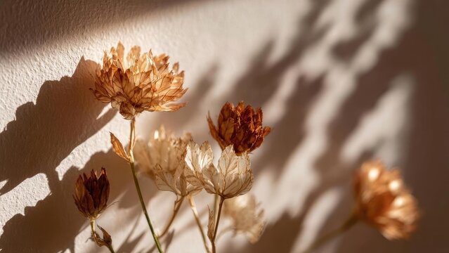 Dried flower heads with papery tan petals on slender stems, lit by warm sunlight and shadowed on a wall. Concept Dried flower heads, Papery tan petals, Slender stems, Warm sunlight, Wall shadows