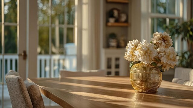 Sunlit dining room with a wooden table, beige chairs, and a gold wicker vase holding cream flowers. Concept Sunlit dining room, Wooden table, Beige chairs, Gold wicker vase, Cream flowers - Powered by Adobe