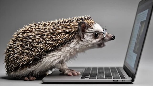 Cute hedgehog staring at laptop screen in a modern studio setting, tiny animal focused on digital display creating a humorous and charming tech moment
