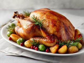 Hyper-realistic Studio Photograph of a Whole Roasted Turkey with Vegetables and Herbs on a Platter