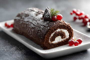Classic Chocolate Yule Log Dessert with Cream Filling and Garnished Berries on Elegant Plate