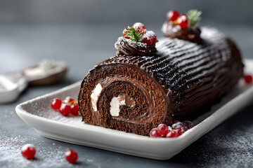 Hyper-Realistic Classic Chocolate Yule Log Cake with Fresh Berries and Whipped Cream Decoration