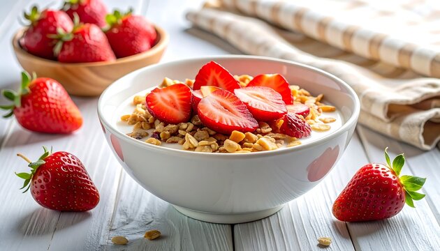 A close-up shot of a white bowl with granola, yogurt and sliced strawberries. Fresh strawberries rest beside the bowl and in a wooden bowl