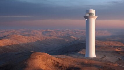 A tall white observation tower rising from a desert landscape at sunset. Concept Desert Landmark, Sunset Silhouette, White Observation Tower, Arid Landscape, Long Shadows