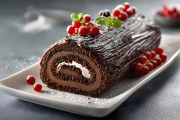 Classic Hyper Realistic Chocolate Log Cake on Elegant White Plate with Garnishes and Sugary Dusting