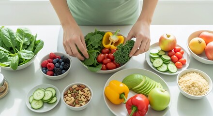 Close-up of a person preparing a vibrant and nutritious salad bowl filled with fresh vegetables, fruits, and nuts for a healthy lifestyle