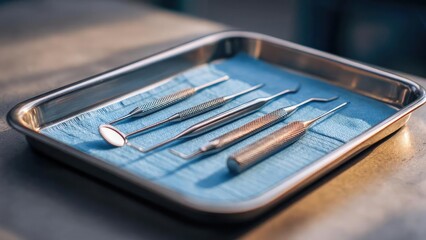 A set of dental instruments laid out on a blue cloth inside a metal tray. Concept Dental instruments arrangement, Blue cloth backdrop, Metal tray setup, Sterile dental tools