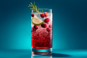 Hyper-Realistic Photograph of Refreshing Drink with Bubbles, Lime, Cranberries, and Herbs in a Commercial Setting
