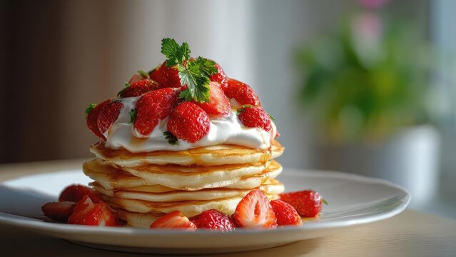 Stack of fluffy pancakes topped with whipped cream and fresh strawberries, garnished with parsley, on a white plate. Concept Pancake Stack, Fresh Strawberries, Whipped Cream, Parsley Garnish