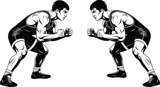 Two wrestlers facing each other in a ready stance illustration