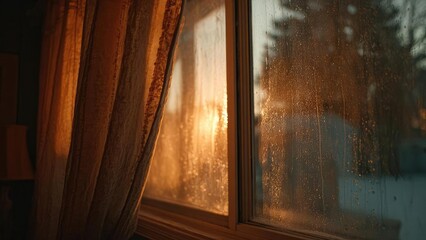 Rain on the window glass with droplets, warm orange light from inside illuminating the curtains. Concept Rainy window mood, Droplets on glass, Warm orange interior lighting