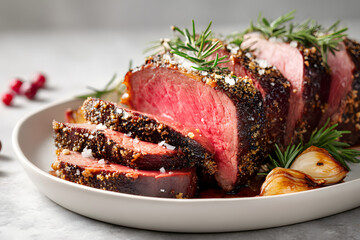 High-End Food Photography of Medium Rare Roast Meat Served with Fresh Herbs and Garlic on Elegant Plate