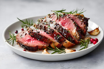Perfectly Cooked Medium Rare Beef with Herbs and Garlic on a White Plate Surrounded by Fresh Decor
