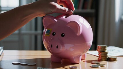 Saving money tips with a pink piggy bank and coins on a wooden table