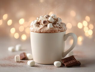 Cozy Close-Up of a Warm Mug of Hot Chocolate with Marshmallows and Chocolate on a Soft Background