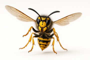 Wasp or hornet mid air landing pose on white background forelegs extended toward invisible surface for insect motion danger and pest control themes