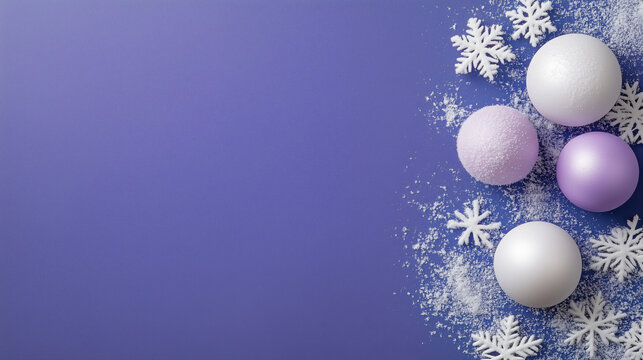 A blue background with white snowflakes and white and purple balls - Powered by Adobe
