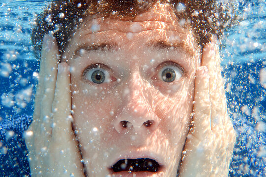 Man underwater showing panic with eyes open and hands on his face Generative AI