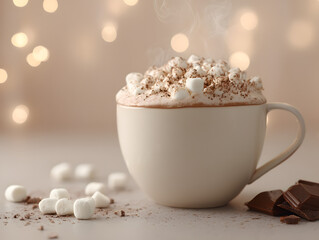 Cozy Hot Chocolate Mug with Marshmallows and Chocolate on a Soft Background