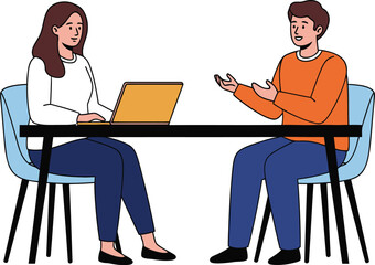 A woman using a laptop and a man gesturing at a black table