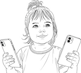 A girl holding two smartphones in a black and white drawing