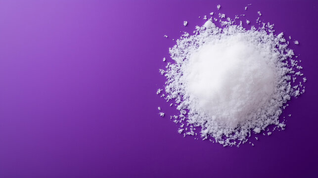 A pile of white salt on a purple background