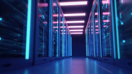 A futuristic data center corridor illuminated by vibrant blue and pink lights, showcasing rows of servers in a sleek, modern environment.