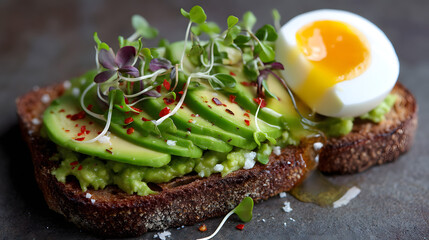 Artisanal Whole Grain Sourdough Toast with Avocado, Soft Boiled Egg, and Microgreens Garnish