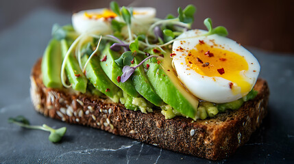 Fresh Whole Grain Sourdough Toast with Avocado, Soft-Boiled Egg, and Microgreens Garnish