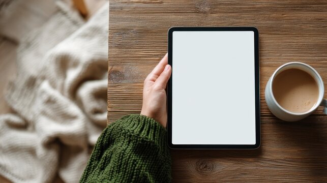A cozy scene featuring a hand holding a tablet, a warm cup of coffee, and a knitted blanket on a wooden table.