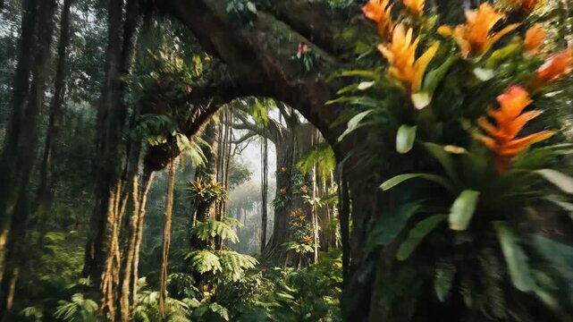 Lush Tropical Rainforest Jungle Landscape with Bromeliads and Sunlight