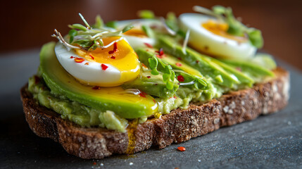 Artisanal Whole Grain Sourdough Toast Topped with Sliced Avocado, Boiled Eggs, and Microgreens