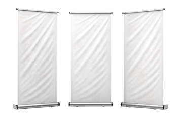 Three blank roll-up banner stands, with textured fabric displays, cutout, PNG isolated on transparent background